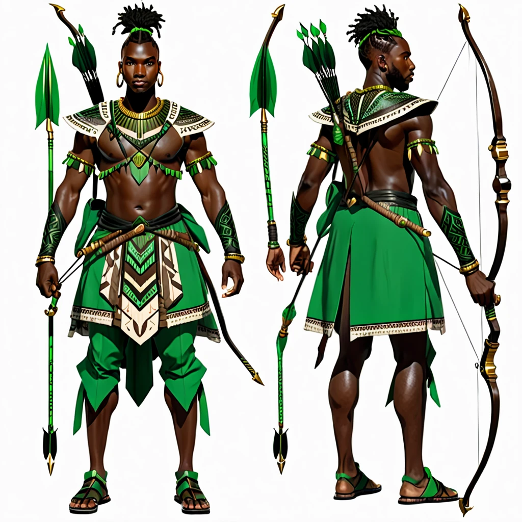 character reference sheet {Realistic character design sheet of a Black man with green tribal african warrior clothes holding a sword and bow and arrow, multiple views including front, side, back and 3/4, afrofuturism, ultra quality, higly detailed, african god of hunt