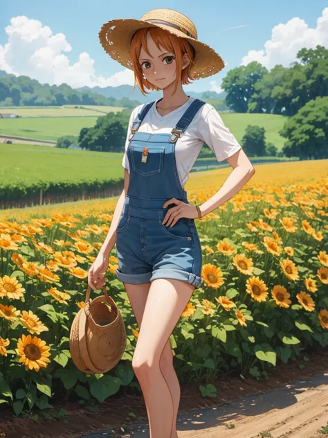 Nami from one-piece, 1women, as a farmer girl, wearing farm outfit with overalls and a straw hat, at a farm field, orange colour...