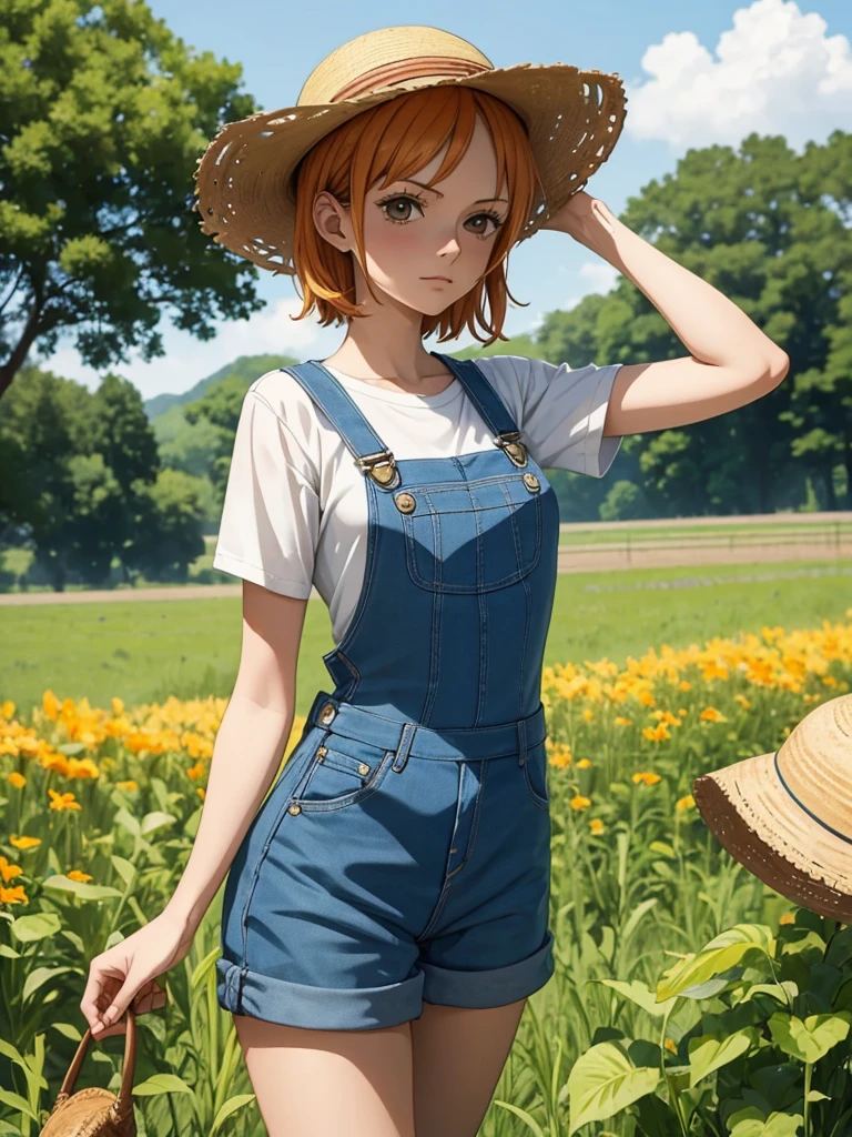 Nami from one-piece, 1women, as a farmer girl, wearing farm outfit with overalls and a straw hat, at a farm field, orange colour short hair, 8k, high detailed, high quality
