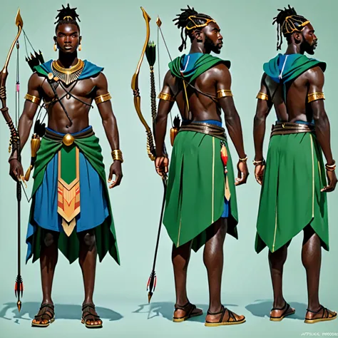 character reference sheet {Realistic character design sheet of atwo black men in African warrior clothes holding sword and bow a...