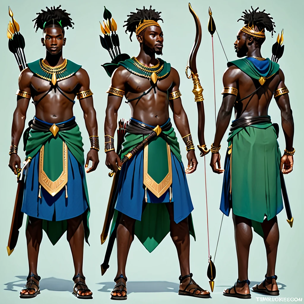 character reference sheet {Realistic character design sheet of atwo black men in African warrior clothes holding sword and bow and arrow, blue clothes, green clothes, African gods of hunting, multiple views including front, side, back and 3/4, afrofuturism, ultra quality, higly detailed, african god of hunt