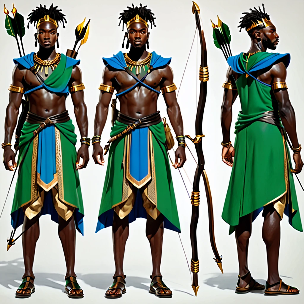 character reference sheet {Realistic character design sheet of atwo black men in African warrior clothes holding sword and bow and arrow, blue clothes, green clothes, African gods of hunting, multiple views including front, side, back and 3/4, afrofuturism, ultra quality, higly detailed, african god of hunt