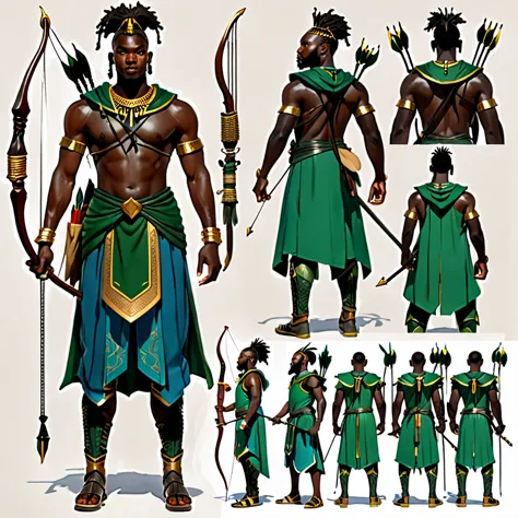 character reference sheet {Realistic character design sheet of atwo black men in African warrior clothes holding sword and bow a...