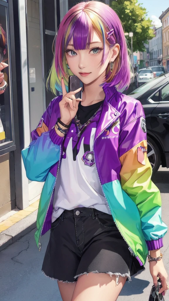 1girl jacket ,phone,multicolored hair,hairclip,bracelet,(masterpiece, high quality:1.2) 