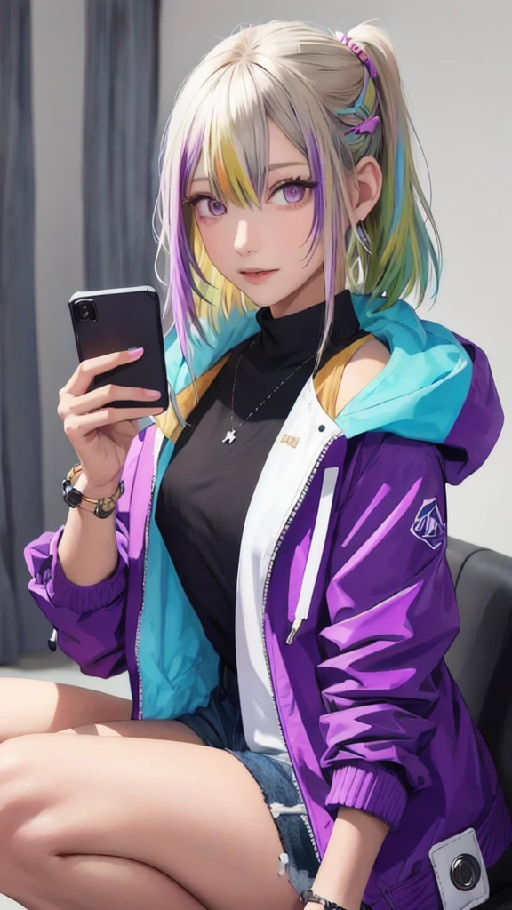 1girl jacket ,phone,multicolored hair,hairclip,bracelet,(masterpiece, high quality:1.2) 