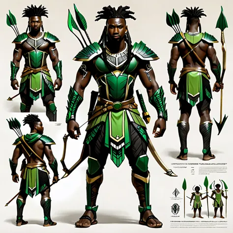 character reference sheet {realistic character design sheet of a black man with green tribal african warrior clothes holding a s...