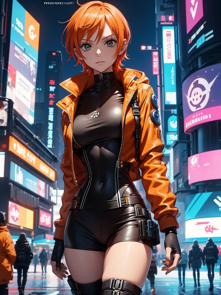 nami d&#39;une seule pièce, 1femme, porter une tenue futuriste, tenue cyberpunk, dans une ville future, look cyberpunk, cheveux courts couleur orange, 8k, très détaillé, Haute qualité
