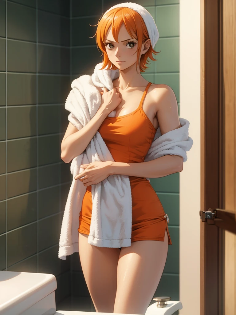 nami d&#39;une seule pièce, 1femme, porter une serviette de bain, bain prêt, dans une salle de bain, serviette de couleur blanche, cheveux courts couleur orange, 8k, très détaillé, Haute qualité
