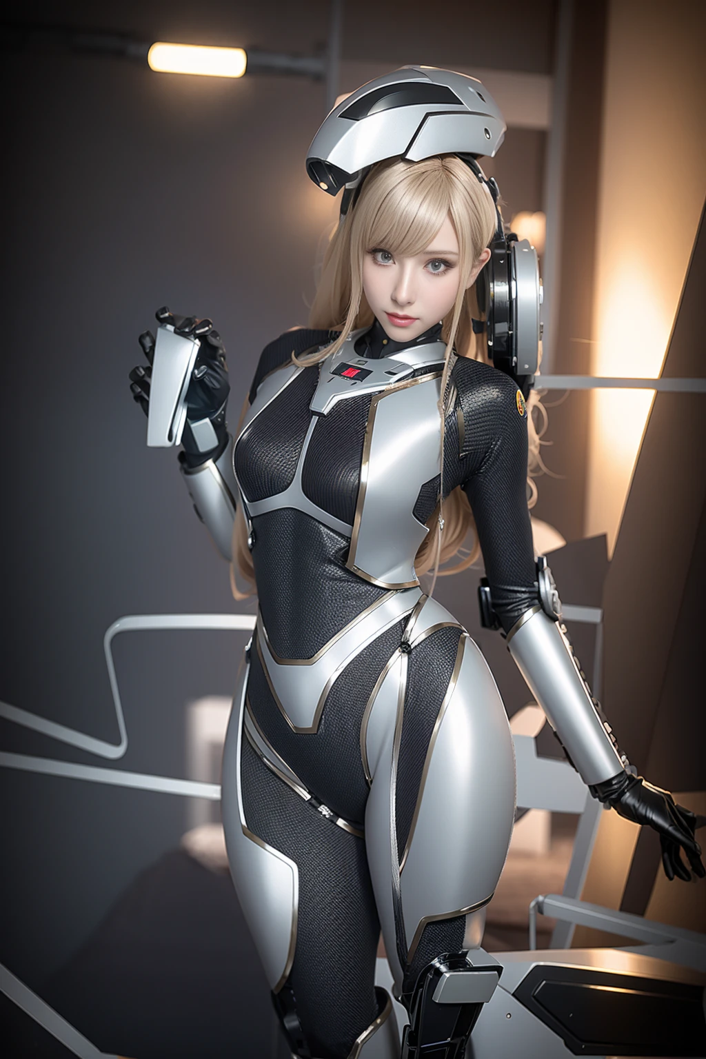 Super Detail, High Detail, high quality, best quality, High resolution，1 female robot，Beautiful female robot,beautiful clear face(Rain waves_haneame：1.5)， Mechanical body(Smooth metal surface，silver armor，Mechanical seams of skin，beautiful body curves)，Mechanical body structure,High-tech all over the body(Deva Battle Suit : 1.5)，Streamlined mechanical armor (Relatively thick，Highlight breast curves),Technology Antenna Hair Accessories