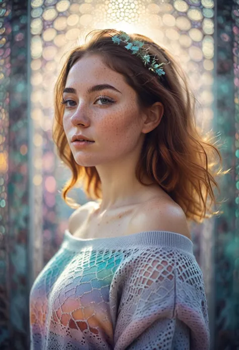 1girl,mysterious girl with freckles,an exotic girl in off-shoulder sweater,fading backlit background,pastel colors,alluring godd...