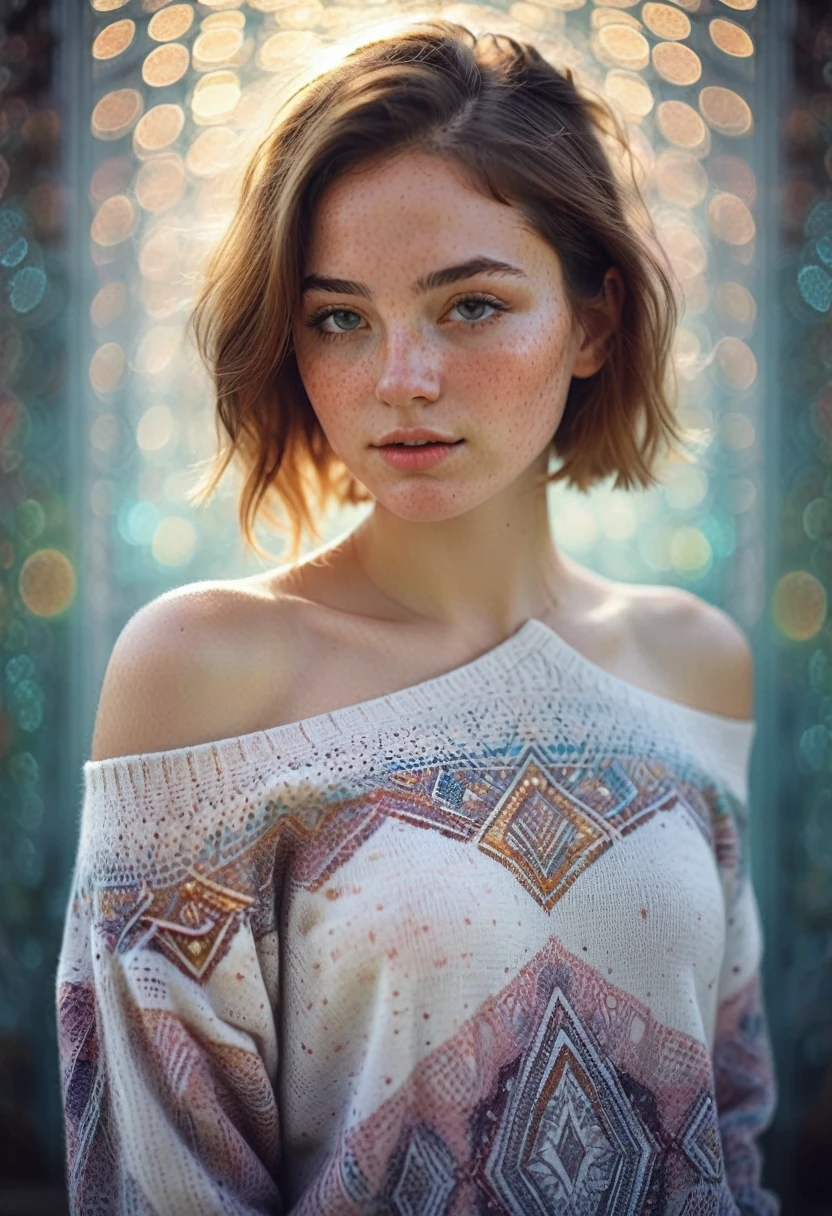 1girl,mysterious girl with freckles,an exotic girl in off-shoulder sweater,fading backlit background,pastel colors,alluring goddess,amazing depth,double exposure,surreal,geometric patterns,intricately detailed,bokeh,perfect balanced,deep fine borders,artistic photorealism,smooth