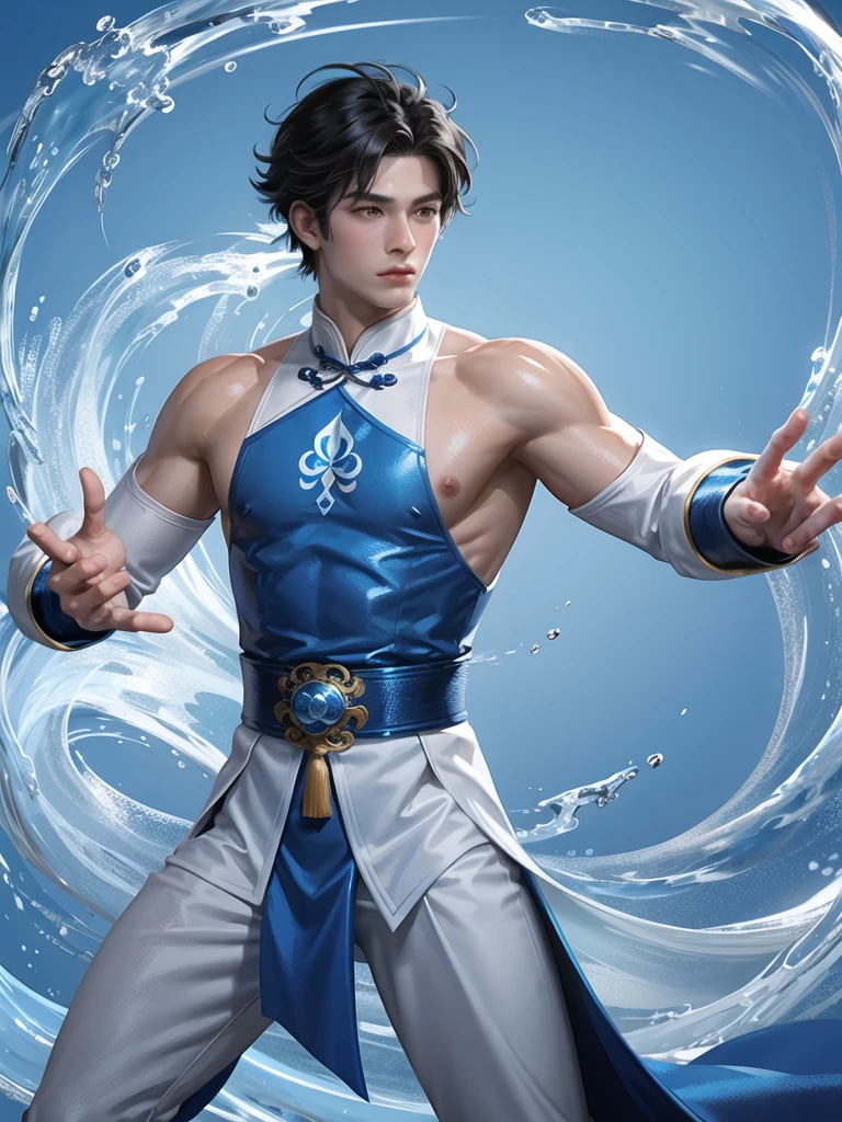 (Martial arts style works),(quality),(height),(Detailed background of a young boy.),(Water element),(beautiful),(Wearing a blue and white traditional Chinese dress),(Thin muscles)(light and shadow),(1 man),(ornamentation),(Chinese anime subtitles),(One blue sky ring)