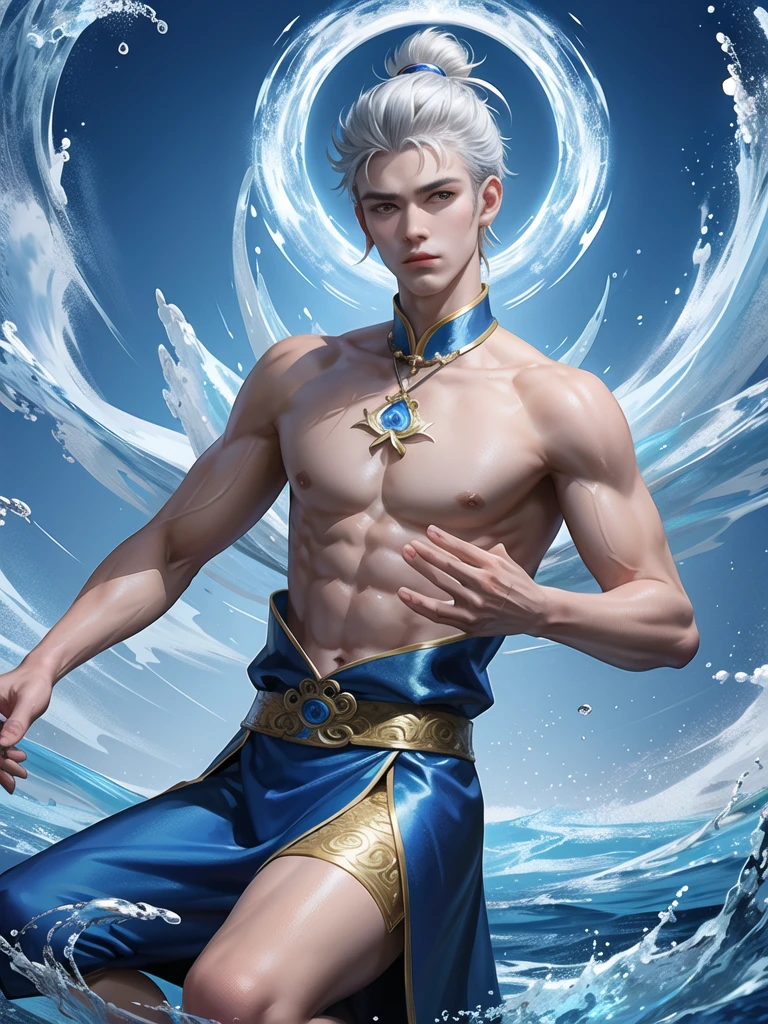 (Martial arts style works),(quality),(height),(Detailed background of a young boy.),(Water element),(beautiful),(Wearing a blue and white traditional Chinese dress),(Thin muscles)(light and shadow),(1 man),(ornamentation),(Chinese anime subtitles),(One blue sky ring)