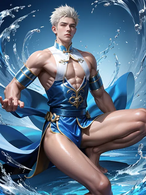 (Martial arts style works),(quality),(height),(Detailed background of a young boy.),(Water element),(beautiful),(Wearing a blue ...