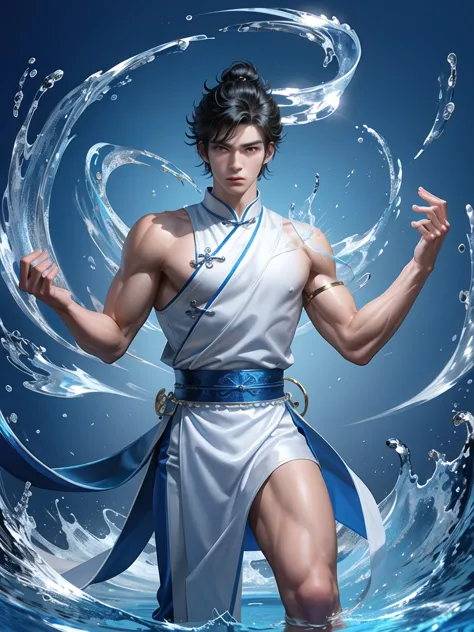 (Martial arts style works),(quality),(height),(Detailed background of a young boy.),(Water element),(beautiful),(Wearing a blue ...