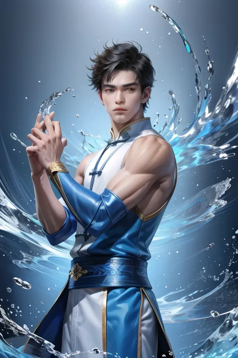 (Martial arts style works),(quality),(height),(Detailed background of a young boy.),(Water element),(beautiful face),(Man wearin...