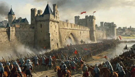 14th century, siege of the medieval city of Calais. The scene shows a walled city under siege, with imposing stone walls and def...