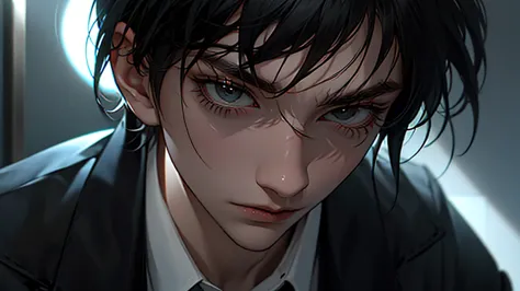 A teenage boy with messy black hair that falls over his forehead. He has sharp, piercing eyes that exude a sense of calm intelli...