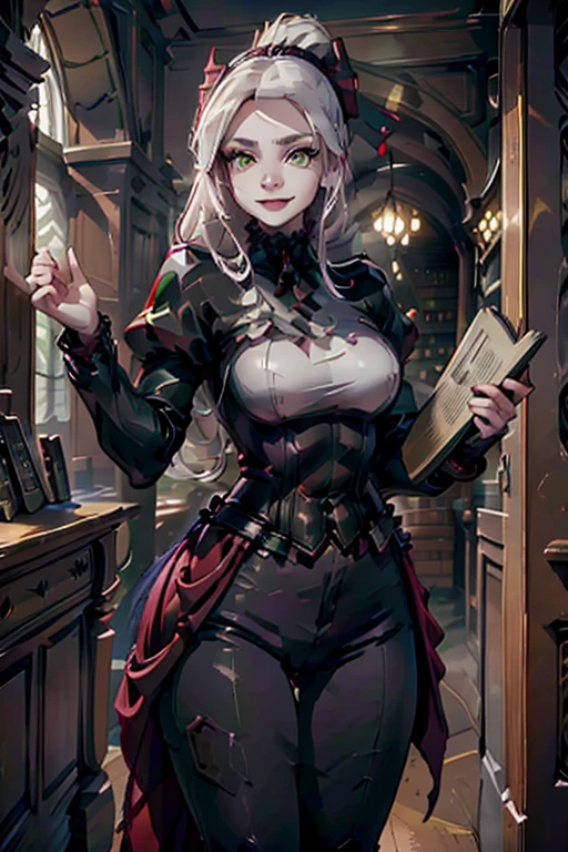 A young white haired woman with green eyes and an hourglass figure in a leather jacket and jeans is searching for a book in a gothic library with a big smile