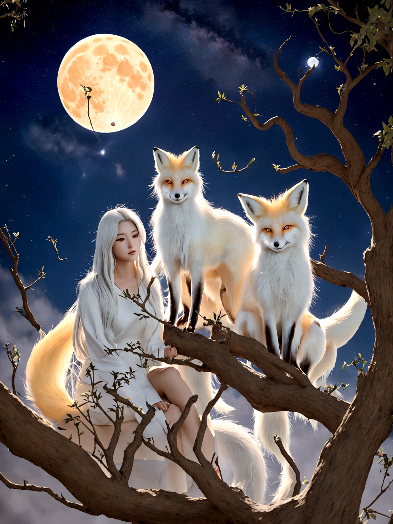 (Delicate depiction),(Handsome),(shoun:1.5),(nine tail fox),(Millennium fox demon),(Nine tails),(mythological creatures),(a white-haired fox sitting on a tree branch),(large moon),(Star_sky),(Beautiful digital artwork),(male people)