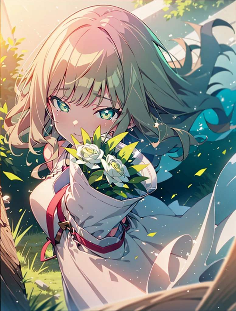 minami yume ,sss Dynazenon ,Long Hair, Brown Hair, (Green Eyes:1.5) ,smile,Wedding dress,Wedding Skirts,holding a large bouquet of flowers in both hands,Tears stream down her face,Tears of joy,I cry a lot,Stand Glass,
break outdoors, Association,Chapel,
break looking at viewer, whole body,
break (masterpiece:1.2), Highest quality, High resolution, unity 8k wallpaper, (shape:0.8), (Beautiful and beautiful eyes:1.6), Highly detailed face, Perfect lighting, Highly detailed CG, (Perfect hands, Perfect Anatomy),