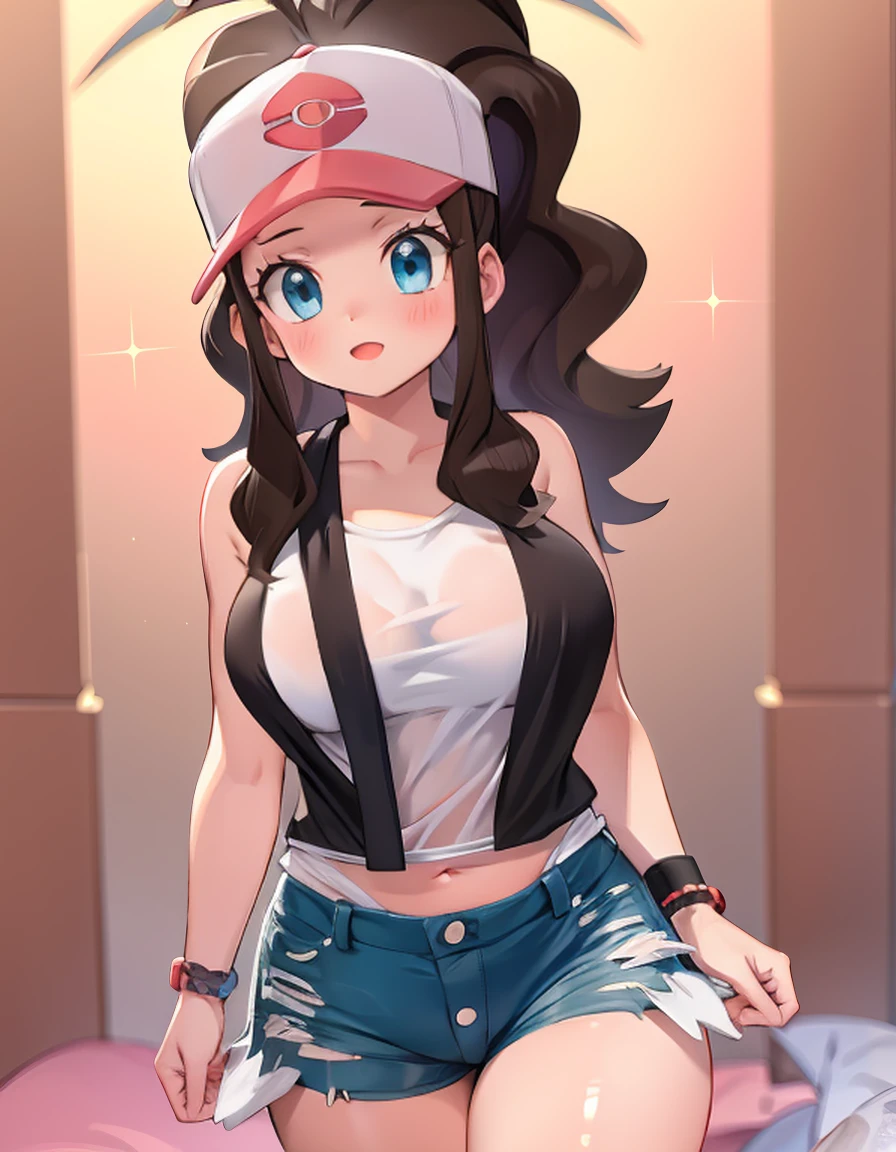 (Best Quality,4k,ultra detailed,high resolution:1.2),photorealistic, pokemon hilda, def1, whole body, Curvy body, beautiful detailed eyes, beautiful detailed lips, long eyelashes, visible thighs, thick thighs, wiping away her tears, looking to the camera, torn clothes showing her tits, vivid colors, Conceptual artists style, Luz outfit, vibrant colors, dusty pink color tone