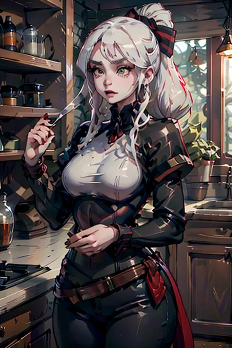 A young white haired woman with green eyes and an hourglass figure in a leather jacket and jeans is making a potion in the kitch...