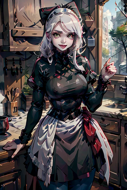 A young white haired woman with green eyes and an hourglass figure in a leather jacket and jeans is making a potion in the kitchen with a smile