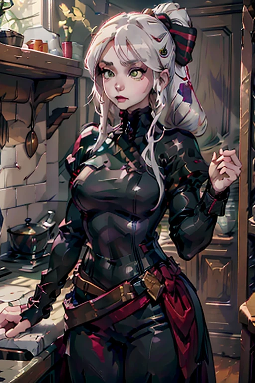 A young white haired woman with green eyes and an hourglass figure in a leather jacket and jeans is sorting potions in the kitchen