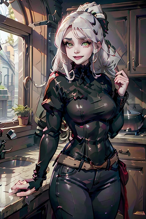 A young white haired woman with green eyes and an hourglass figure in a leather jacket and jeans is sorting skulls in the kitchen with a big smile