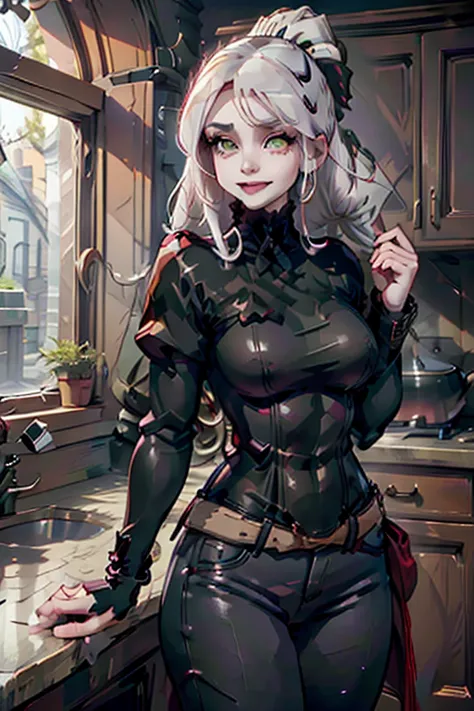 A young white haired woman with green eyes and an hourglass figure in a leather jacket and jeans is sorting skulls in the kitche...