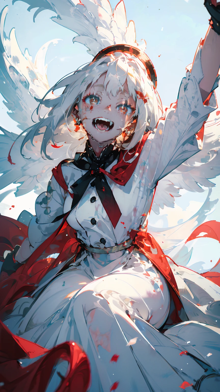 (woman\(A blood-red, dark angel halo is on his head., Angel Girl,Pure white hair,Red eyes, Pure white skin, White costume,The girl is laughing wildly with her mouth wide open,Eyes with dilated pupils,Scary,A large amount of dark red liquid drips from the mouth and eyes.,Crazy smile,monster,monster mouth,\) pure white world、Looking up at me,Attacking pose,Bleeding Wings (I&#39;m in the beautiful outdoors, monster tentacles,horor, mysterious,Blood monster (Spooky background),quality\(8k,Highly detailed CG unit wallpaper, masterpiece,High resolution,top-quality,top-quality real texture skin,surreal,Increase the resolution,RAW Photos,highest quality,Very detailed,wallpaper,Cinema Lighting,Ray-tracing,Golden Ratio\),Long Shot,Overall, it looks ephemeral.,The depiction range is from the waist up,High quality facial depiction,High-resolution facial depiction,ephemeral,Low saturation,Little Girl,1 person, evil spirit,Dead skin,blood