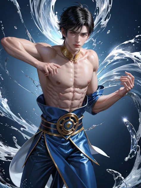 (Martial arts style works),(quality),(height),(A detailed background of a young boy..),(Water element),(A man with a beautiful f...