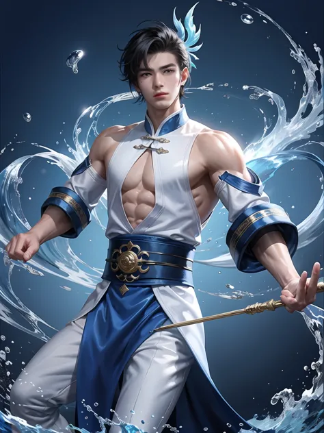 (Martial arts style works),(quality),(height),(A detailed background of a young boy..),(Water element),(A man with a beautiful f...