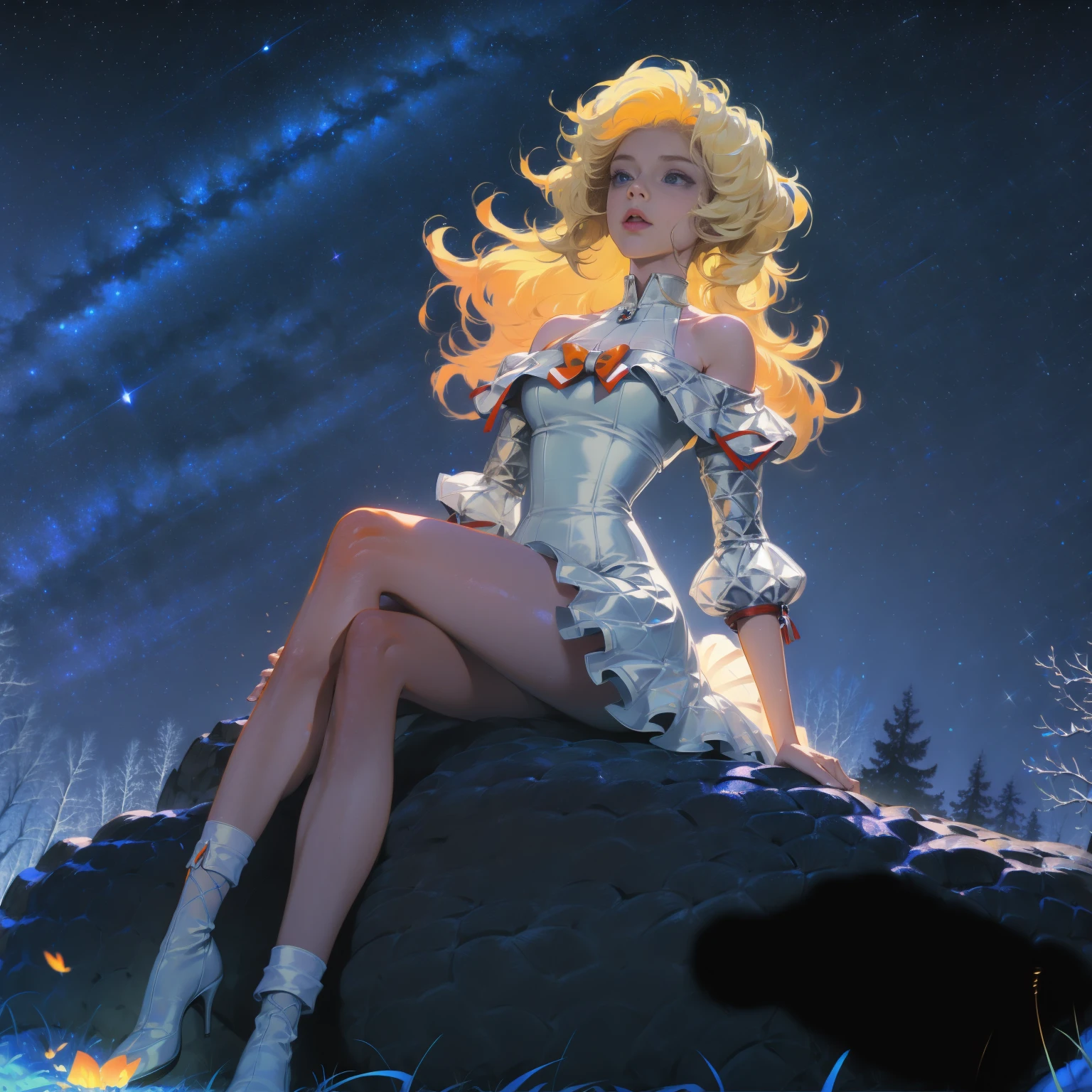 Anime girl with light blonde hair，With light blue eyes，Wearing an off-the-shoulder dress with puff sleeves，Sitting in the woods，Next to it is an orange mushroom，Surrounded by fireflies under the stars
