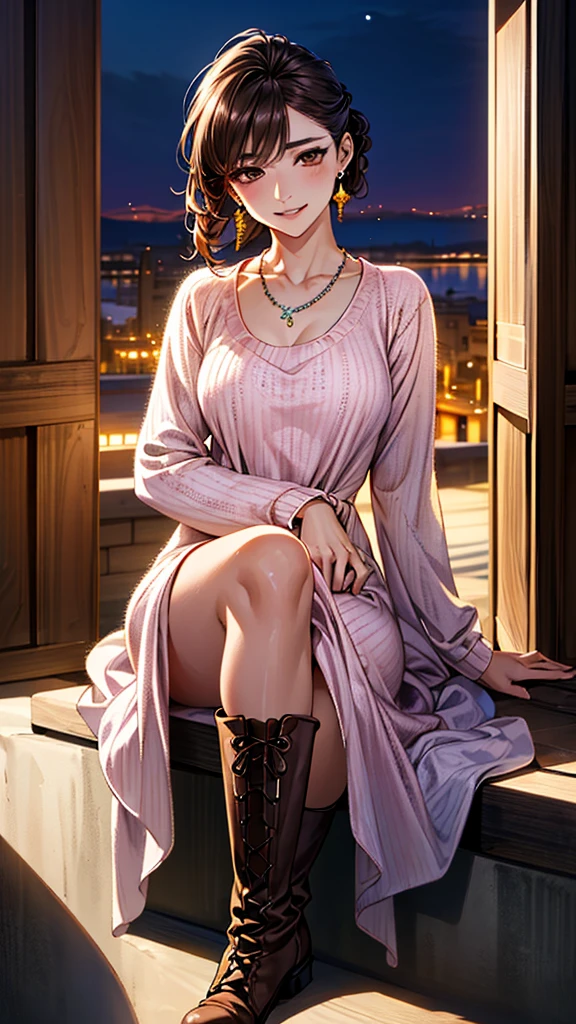 (masterpiece:1.3, Highest quality, Ultra-high resolution, Super detailed), (Realistic, photoRealistic:1.4), Beautiful illustrations, Perfect lighting, colorful, Depth of written boundary, Beautiful detailed hair, Beautifully detailed face, Beautiful fine details, Droopy eyes、Beautiful clavicle, Beautiful body, 美しいLarge Breasts, Beautiful thighs, Beautiful feet, Beautiful fingers, View Viewer、Front view:0.6, Beauty1人, Japanese, Beauty、30 years old, Perfect Face, (Perfect Anatomy, Anatomically correct), Cute and symmetrical face, Baby Face, , Shiny skin, (Pink long sleeve knit A-line dress:1.4) 、(short boots:1.3)、(Dark brown hair, Updo Hair:1.4), braided bangs、Dark brown eyes, Large Breasts, Slim body, necklace, Small earrings:1.1, (Beautiful views), (night), (city, cityscape in the distance), Riverside、Sitting on a bench,Crossing your legs、 A soft smile、(Smile, Lips parted),