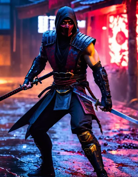 mortal kombat, scorpion, sh4g0d style cyberpunk samurai，(cloak mask:1.2),(strong dynamic posture:1.5)，(fighting:1.3)，(blood spla...