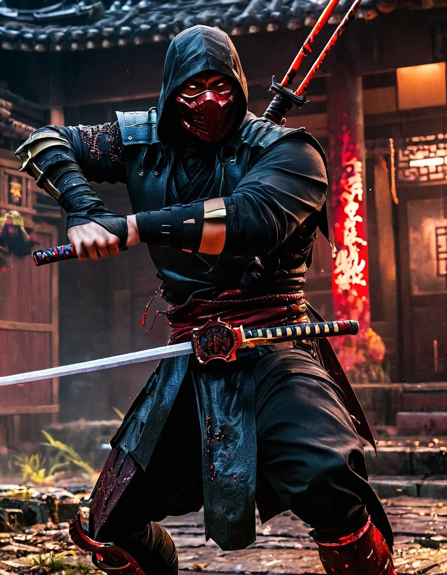 Mortal Kombat, scorpion, sh4g0d style cyberpunk samurai，(cloak mask:1.2),(Strong dynamic posture:1.5)，(fighting:1.3)，(Blood splattered)，strong，The face is resolute， 8k, super detail, ccurate, best quality