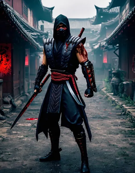 mortal kombat, scorpion, sh4g0d style cyberpunk samurai，(cloak mask:1.2),(strong dynamic posture:1.5)，(fighting:1.3)，(blood spla...