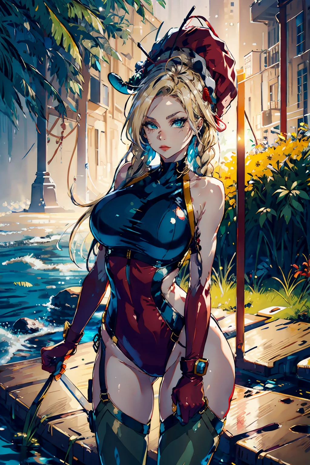 masterpiece, best quality, highres, 1girl, cammy white, twin braids, long hair, blonde hair, antenna hair, beret, (red headwear:1.3), blue eyes, scar on cheek, green leotard, large breasts, sleeveless, red gloves, fingerless gloves, camouflage, cowboy shot, standing, outdoors, arms at sides, straight-on,