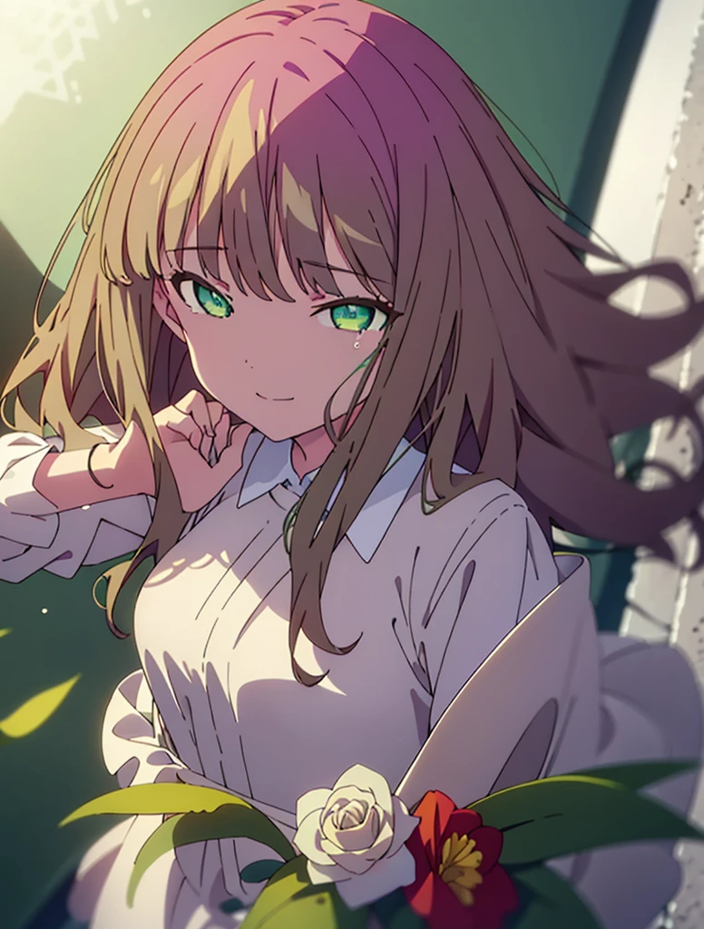 minami yume ,sss Dynazenon ,Long Hair, Brown Hair, (Green Eyes:1.5) ,smile,Wedding dress,Wedding Skirts,holding a large bouquet of flowers in both hands,Tears stream down her face,Tears of joy,I cry a lot,Stand Glass,
break outdoors, Association,Chapel,
break looking at viewer, whole body,(Cowboy Shot:1. 5) ,
break (masterpiece:1.2), Highest quality, High resolution, unity 8k wallpaper, (shape:0.8), (Beautiful and beautiful eyes:1.6), Highly detailed face, Perfect lighting, Highly detailed CG, (Perfect hands, Perfect Anatomy),