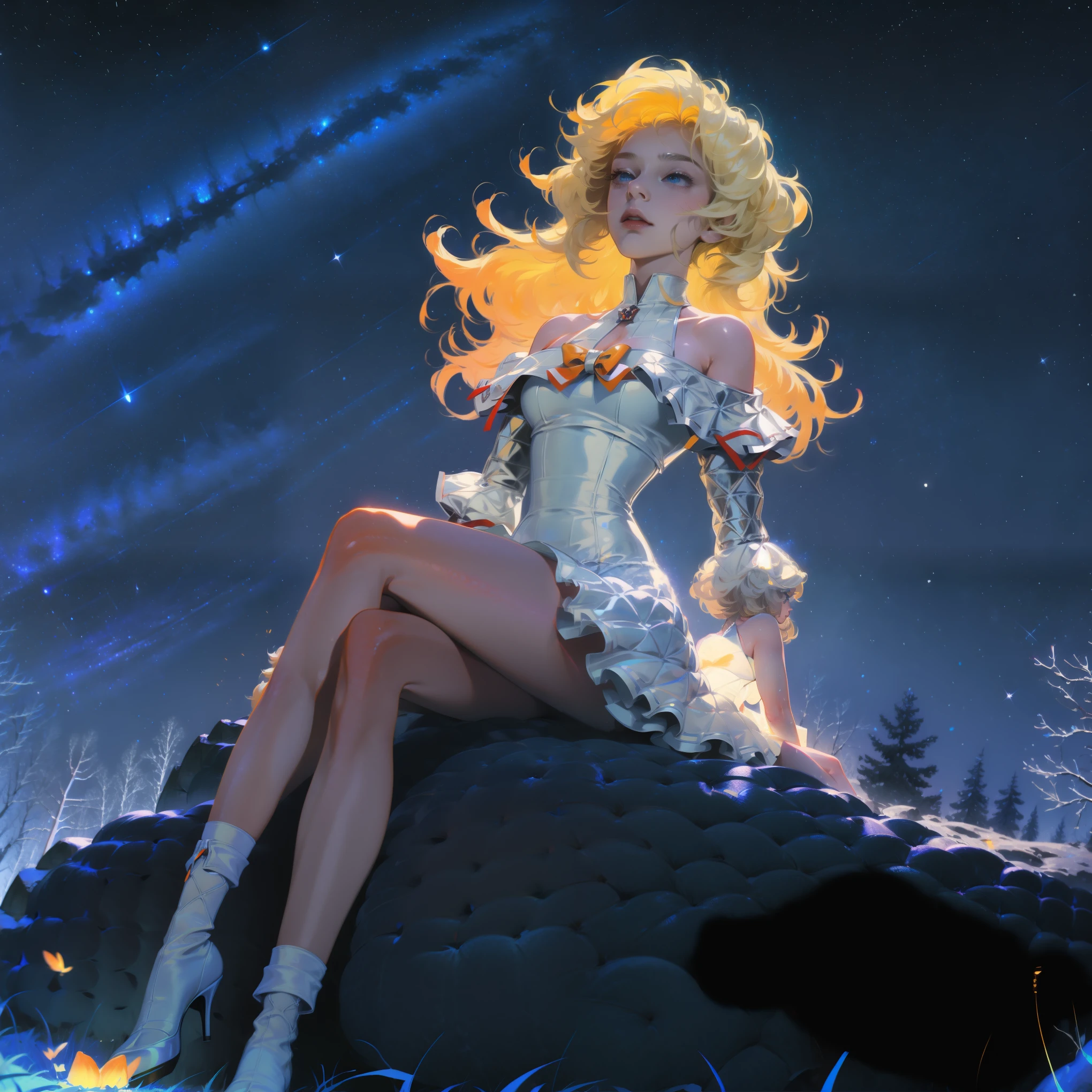 Anime girl with light blonde hair，With light blue eyes，Wearing an off-the-shoulder dress with puff sleeves，Sitting in the woods，Next to it is an orange mushroom，Surrounded by fireflies under the stars
