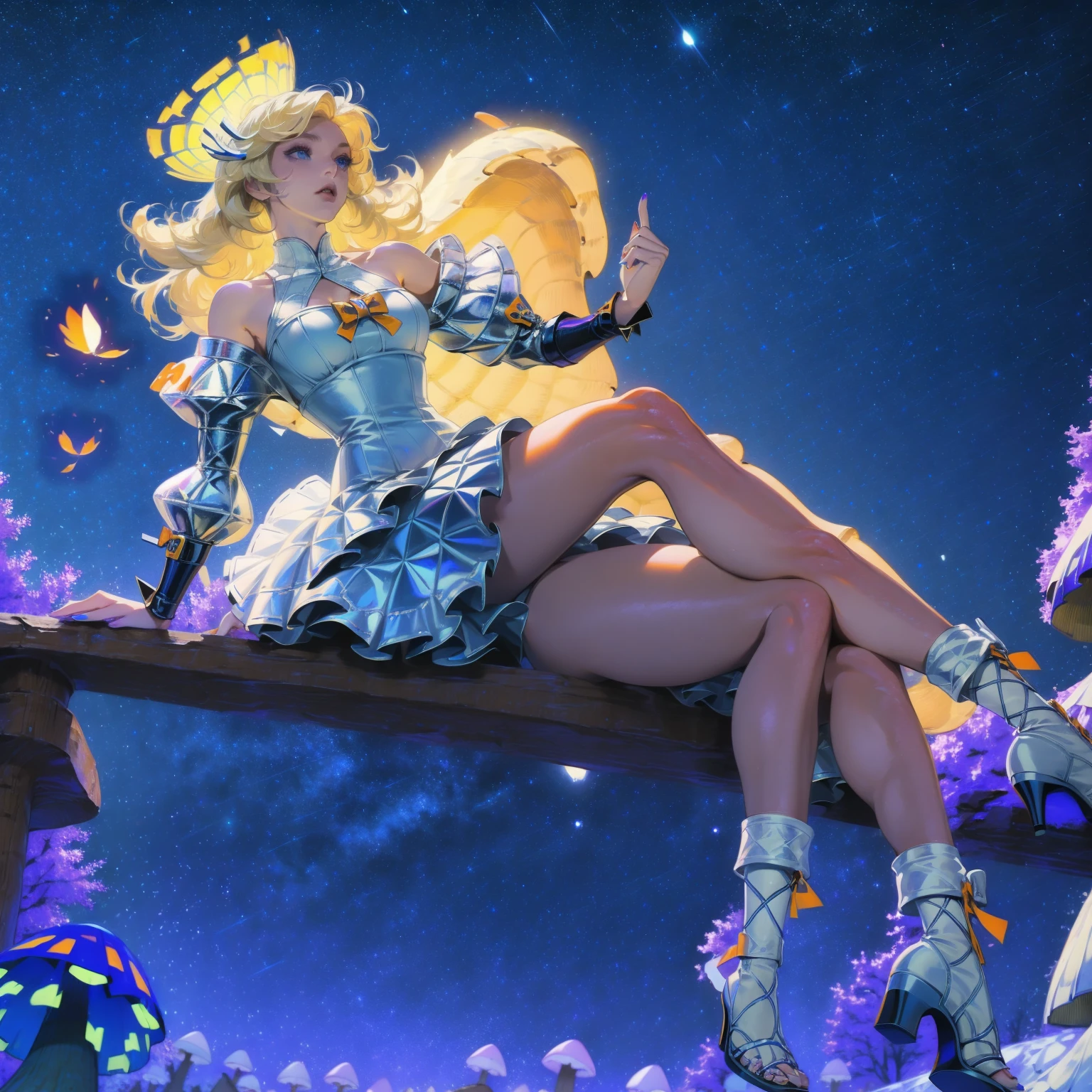 Anime girl with light blonde hair，With light blue eyes，Wearing an off-the-shoulder dress with puff sleeves，Sitting in the woods，Next to it is an orange mushroom，Surrounded by fireflies under the stars
