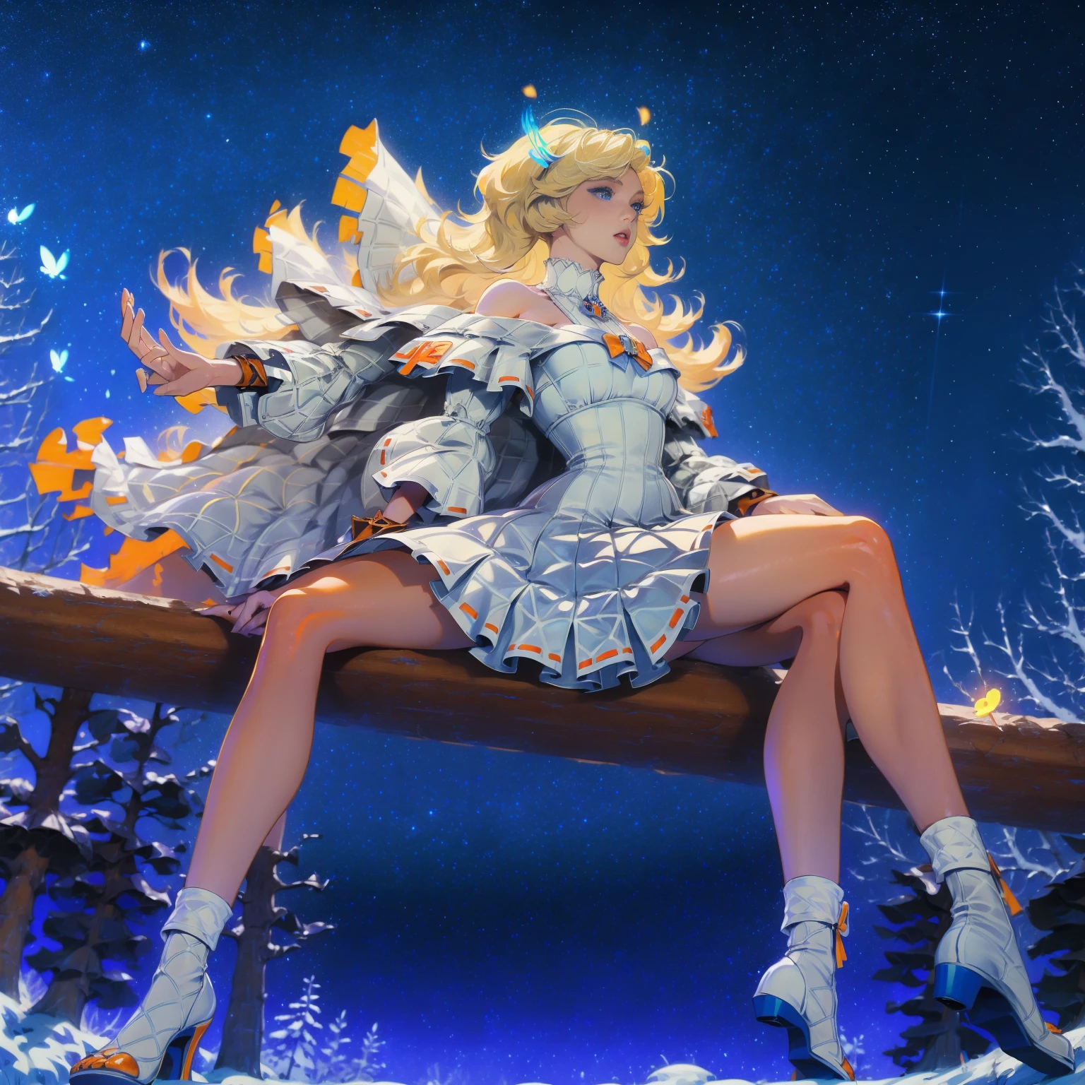 Anime girl with light blonde hair，With light blue eyes，Wearing an off-the-shoulder dress with puff sleeves，Sitting in the woods，Next to it is an orange mushroom，Surrounded by fireflies under the stars
