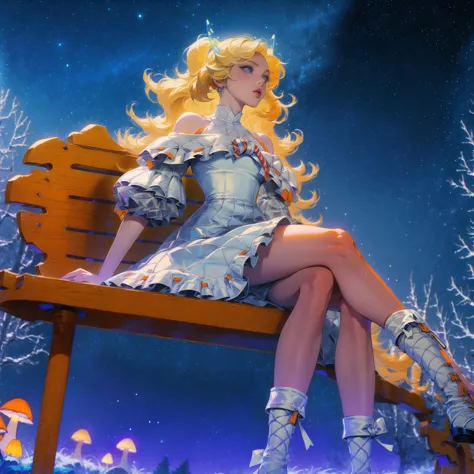Anime girl with light blonde hair，With light blue eyes，Wearing an off-the-shoulder dress with puff sleeves，Sitting in the woods，...