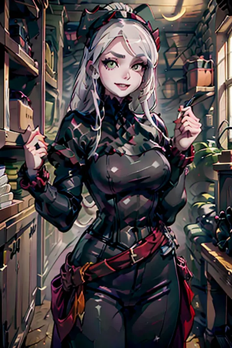 A young white haired woman with green eyes and an hourglass figure in a leather jacket and jeans is sorting skulls in a Gothic s...