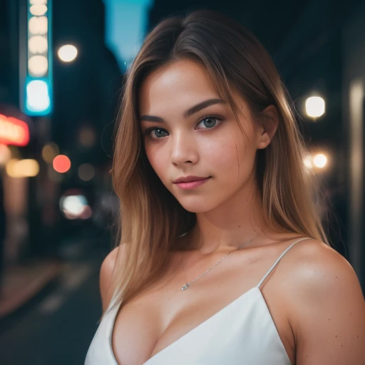 (autophoto, Top view: 1.4), (straight half of the body: 1.4), RAW UHD portrait photo of a 12 year old blonde (brown eyed woman) walking down a dark alley, medium breasts,, city at evening, (skirt), (neckline), details (Textures! , hair! , Brilliantine, Color!! , disadvantages: 1.1), bright eyes with lots of detail (looking to the camera), reflex lighting, reflex camera, Ultra quality, sharpness, depth of field, film grain (center), Fujifilm XT3, clear as crystal, frame center, beautiful face, sharp focus, streetlight, neon lighting, bokeh (dimly lit), evening, (evening sky), detailed skin pores, oily skin, tanned, complex eye details, whole body, big breasts