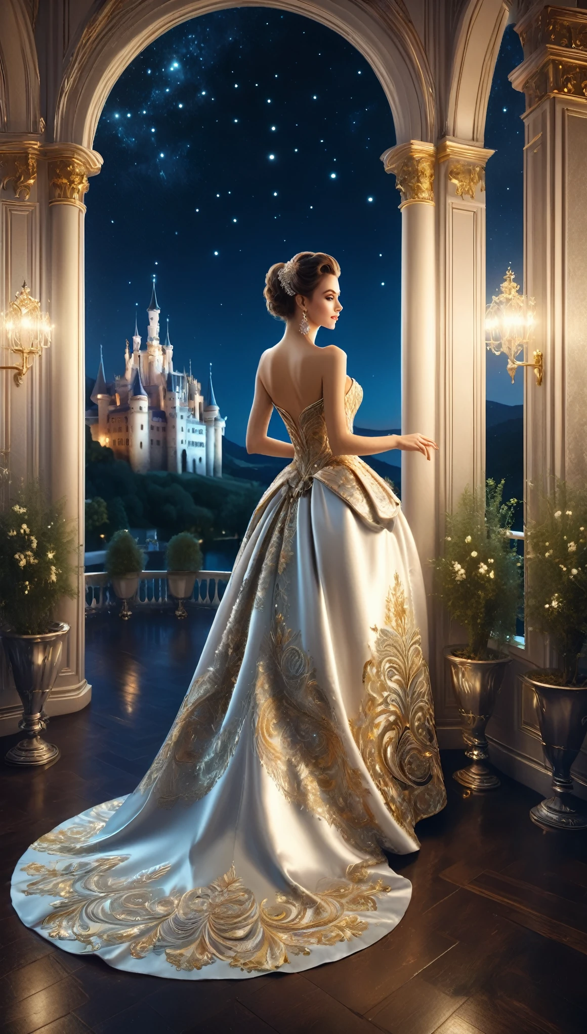 ภาพงานเต้นรำยามค่ำคืนที่จัดขึ้นที่ปราสาท,A สวย woman in an evening dress stands on the balcony,ผู้หญิงกำลังมองออกไปข้างนอก,You can see the lights of the castle town at night and the สวย night sky from the balcony.,การเต้นรำจัดขึ้นในห้องสไตล์โรโคโค.,ชิค, สง่างาม, และด้วยบรรยากาศอันเงียบสงบ,ภาพถ่ายจริง,สวย,วิวกลางคืน,ถูกต้องตามโครงสร้าง,ถูกต้องตามหลักกายวิภาคศาสตร์,หยุดพัก,ชุดราตรีที่ผู้หญิงสวมใส่มีความหรูหรามาก,ปักด้วยด้ายสีเงินและสีทอง,ความไร้สาระ,พันกัน,รายละเอียดที่ซับซ้อน,หลากหลายสี,งานศิลปะ,กำลังเรนเดอร์,(ผลงานชิ้นเอก:1.3),(คุณภาพสูงสุด:1.4),(รายละเอียดสุดยอด:1.5),ความละเอียดสูง,รายละเอียดมาก,วอลล์เปเปอร์ความสามัคคี 8K