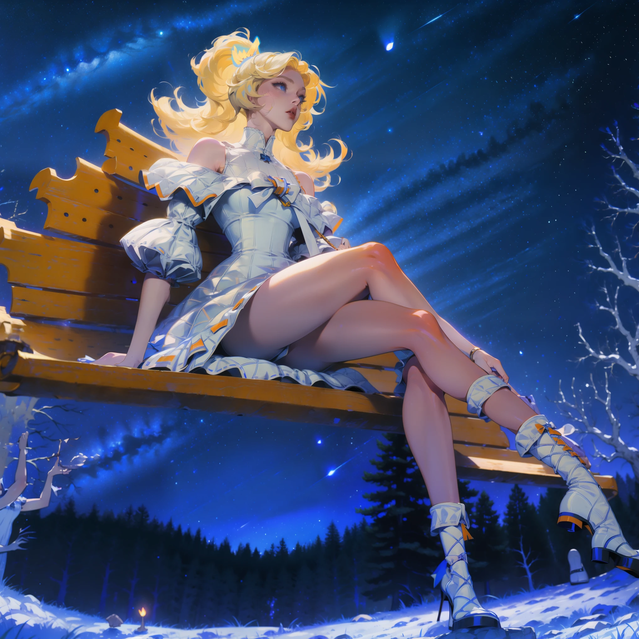 Anime girl with light blonde hair，With light blue eyes，Wearing an off-the-shoulder dress with puff sleeves，Sitting in the woods，Next to it is an orange mushroom，Surrounded by fireflies under the stars
