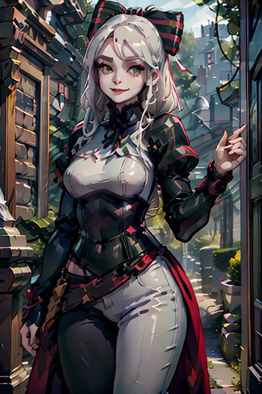 A young white haired woman with green eyes and an hourglass figure in a leather jacket and jeans is smiling in a flurry of green ribbons of magic
